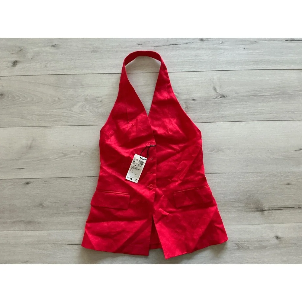 MNG Red Linen Button‎ Front Halter Vest Top Women's XS New With Tags